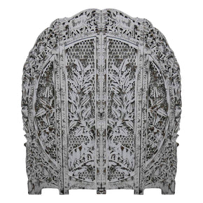 Eclectic Wooden Lattice Carved Floral Screen With Elephants