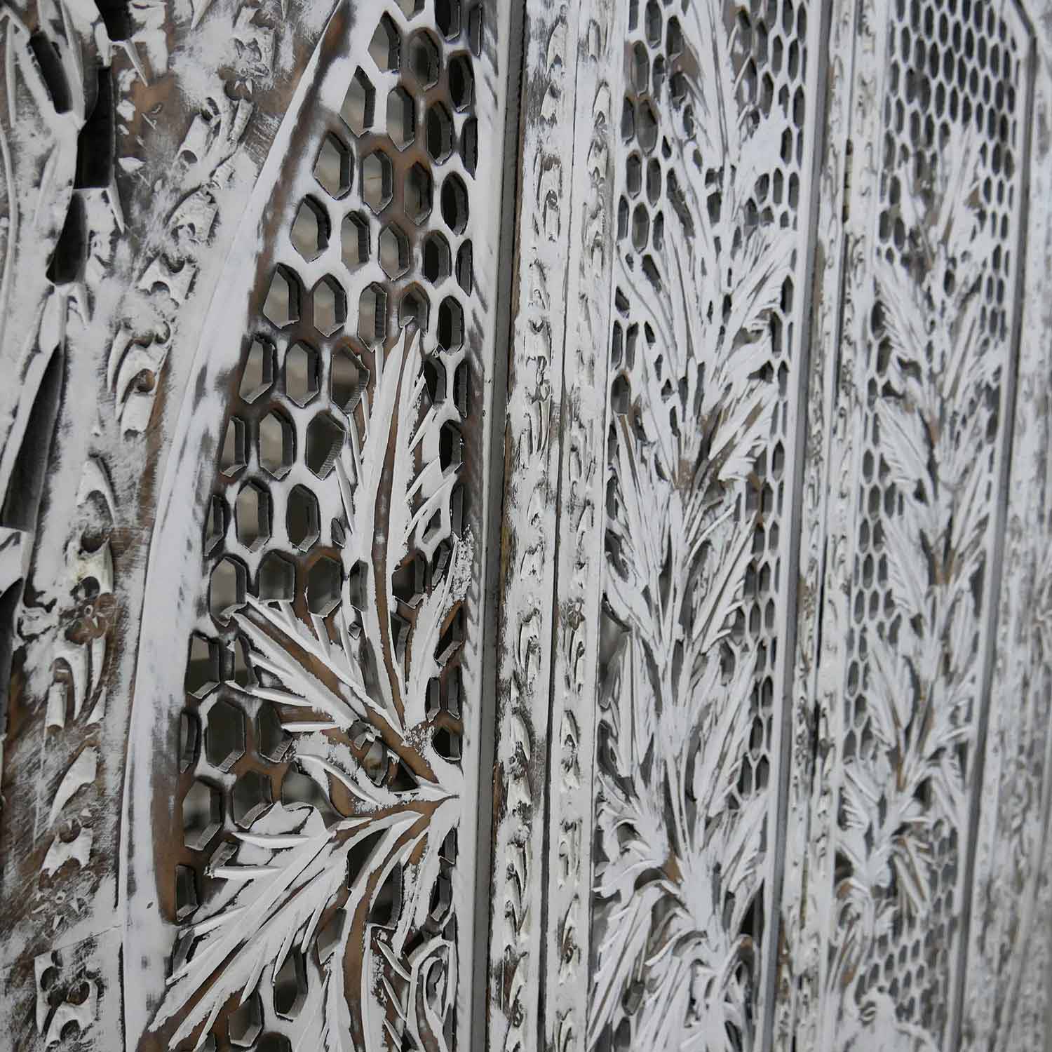 Eclectic Wooden Lattice Carved Floral Screen With Elephants