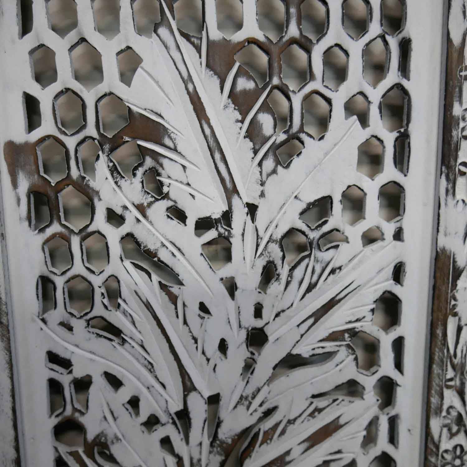 Eclectic Wooden Lattice Carved Floral Screen With Elephants