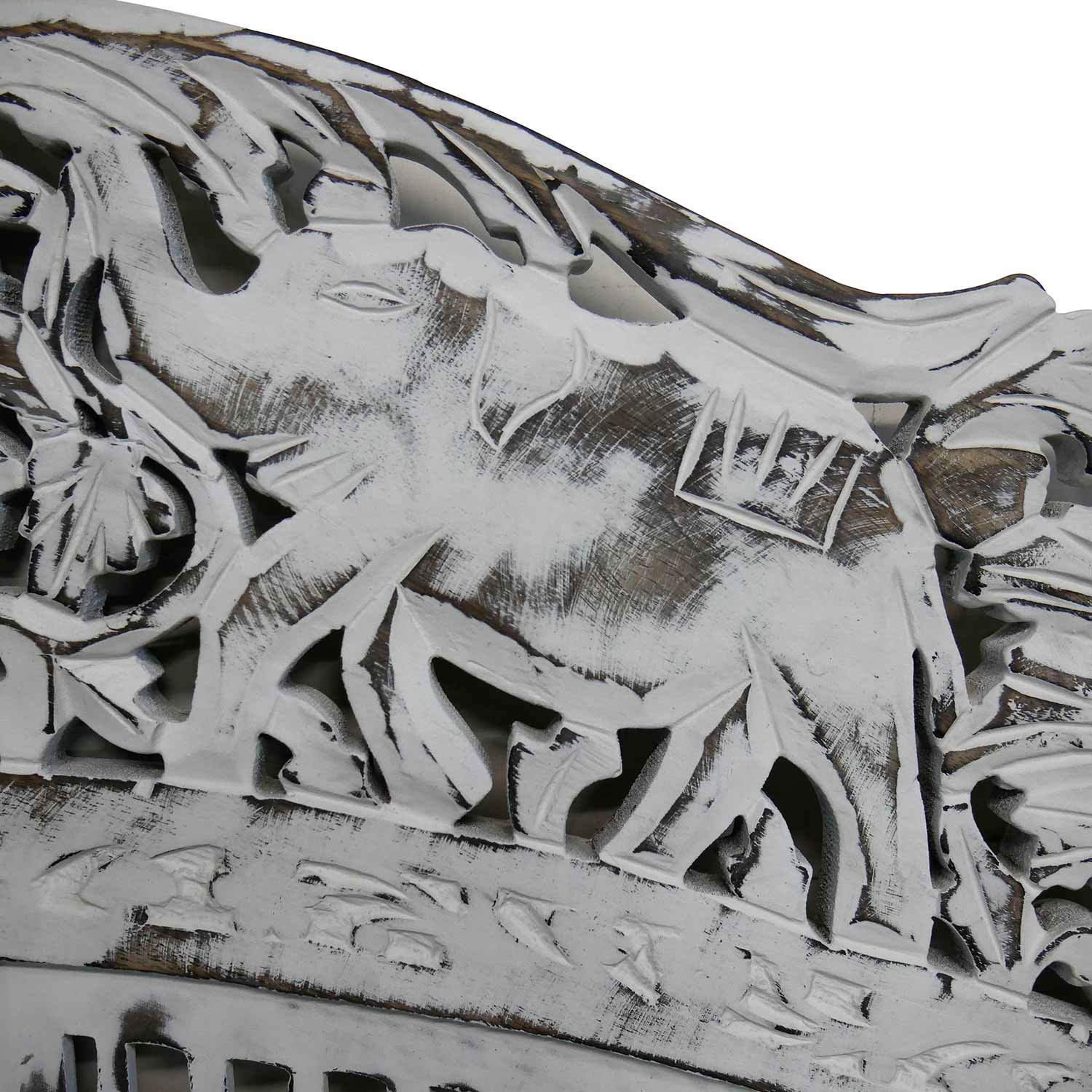 Eclectic Wooden Lattice Carved Floral Screen With Elephants