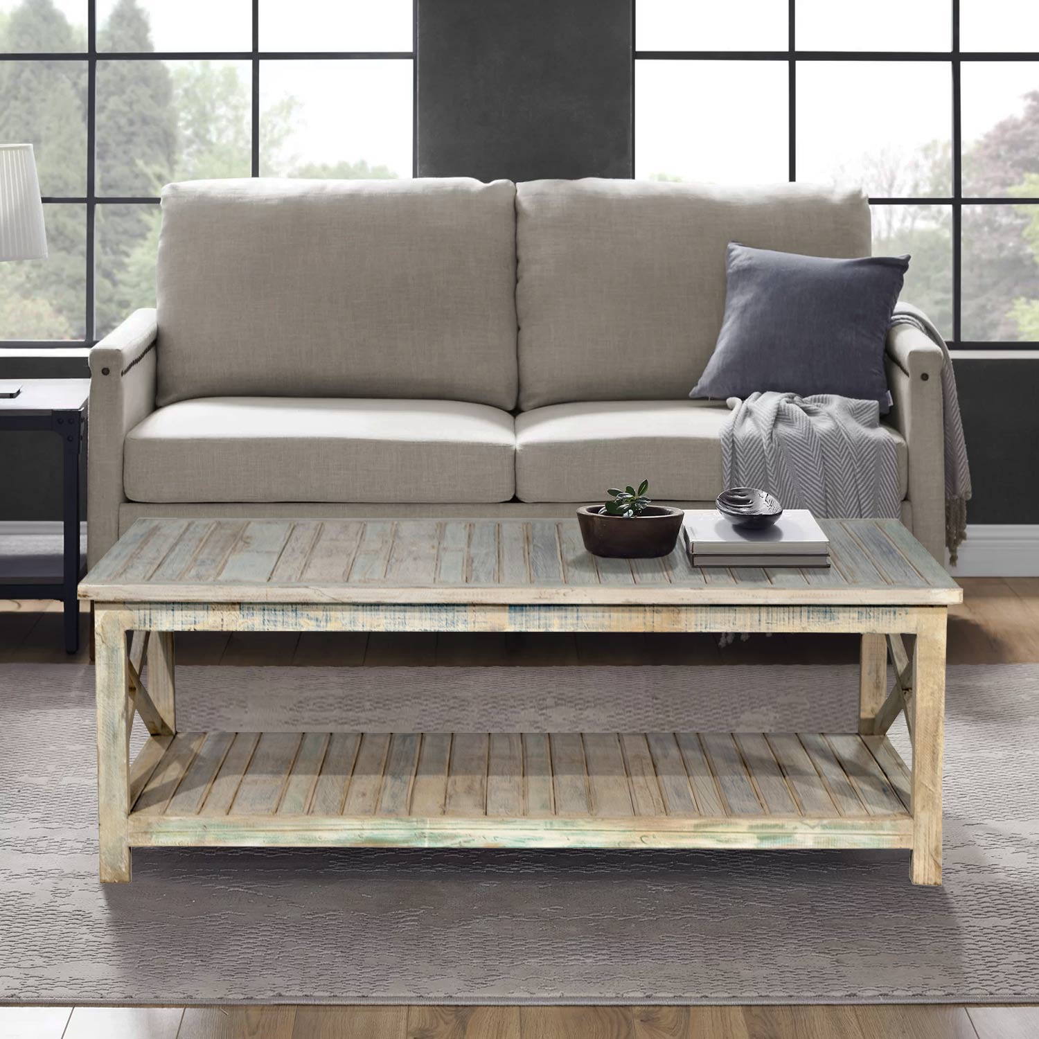 Distressed Reclaimed Wood Coastal Style Large Rectangle Coffee Table