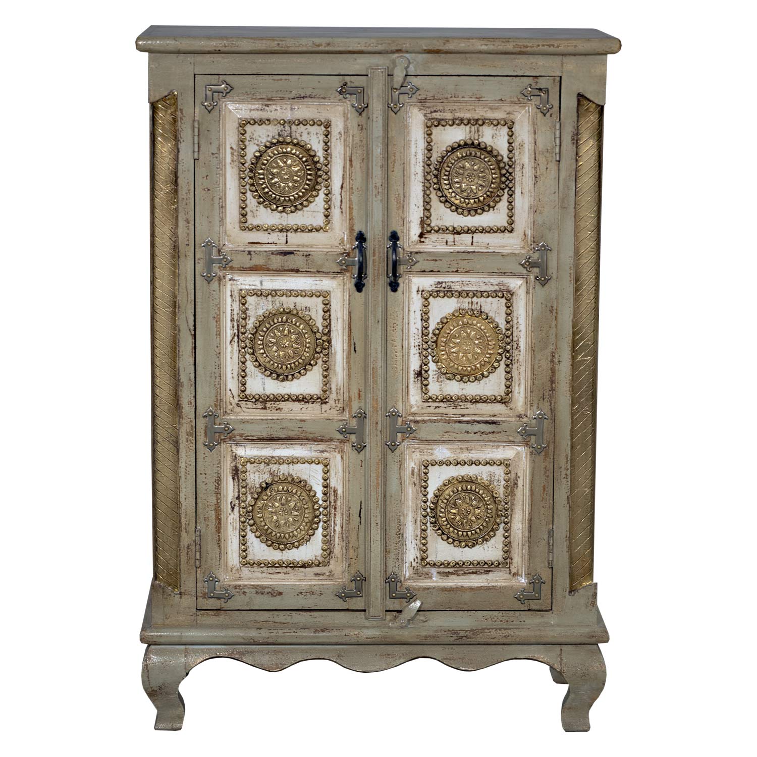 Elegant 2-Door Solid Wood Gray Tall Cabinet With Brass Accents