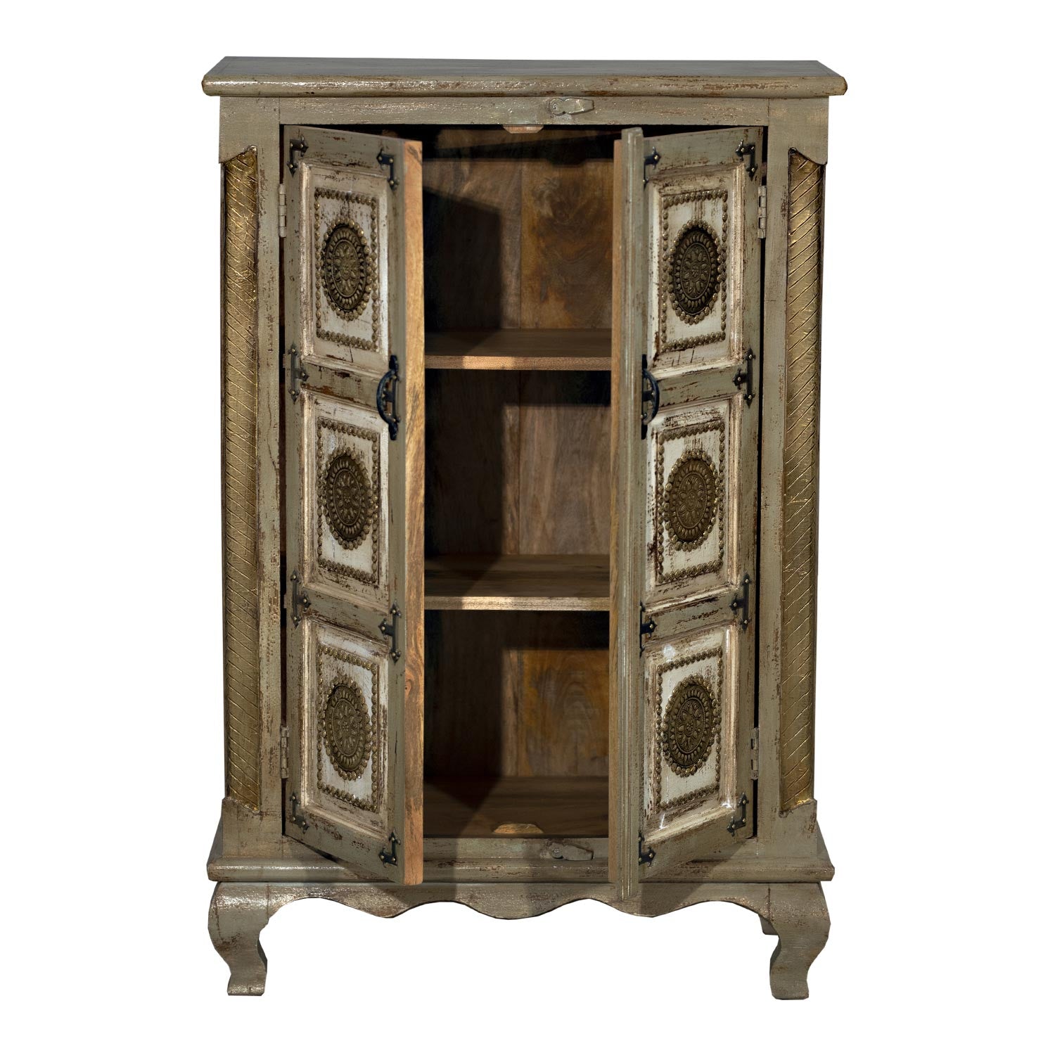 Elegant 2-Door Solid Wood Gray Tall Cabinet With Brass Accents