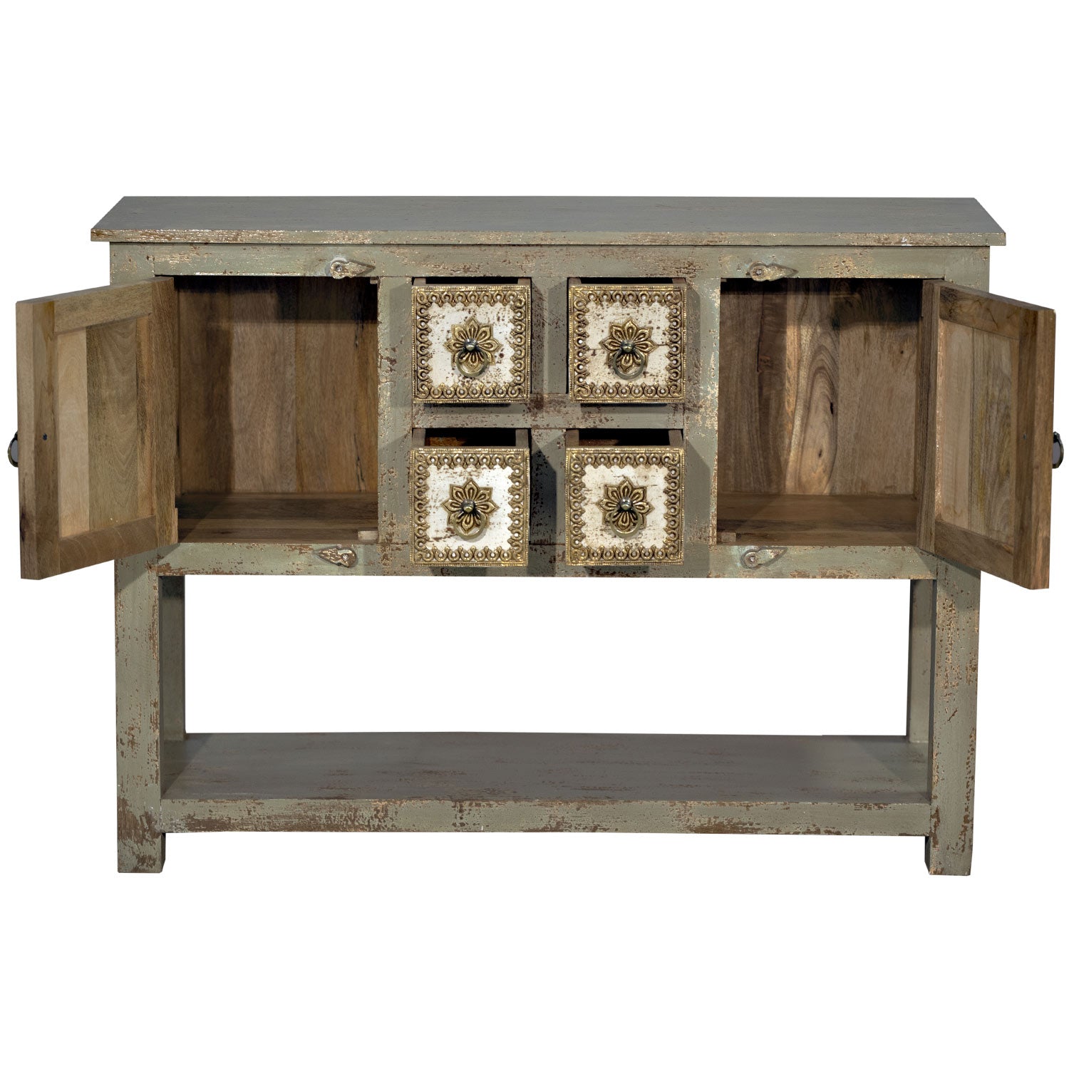 Mid Century Modern Solid Wood & Brass Accent Console With Drawers