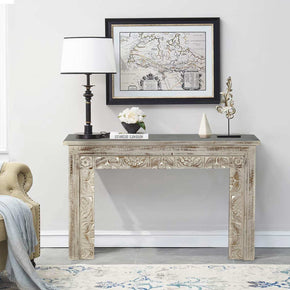 47 in. Long Mid Century Modern Solid Wood Carved Distressed Console