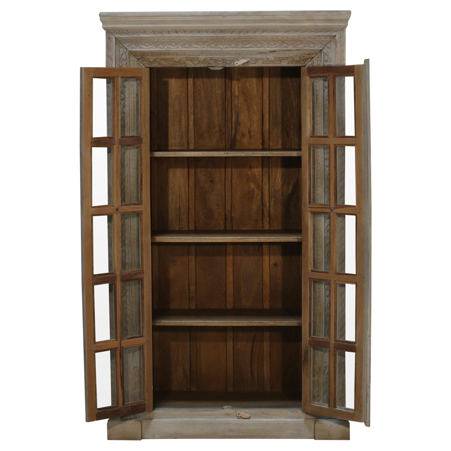 Eclectic Carved Frame Solid Wood Armoire With Glass Pane Doors