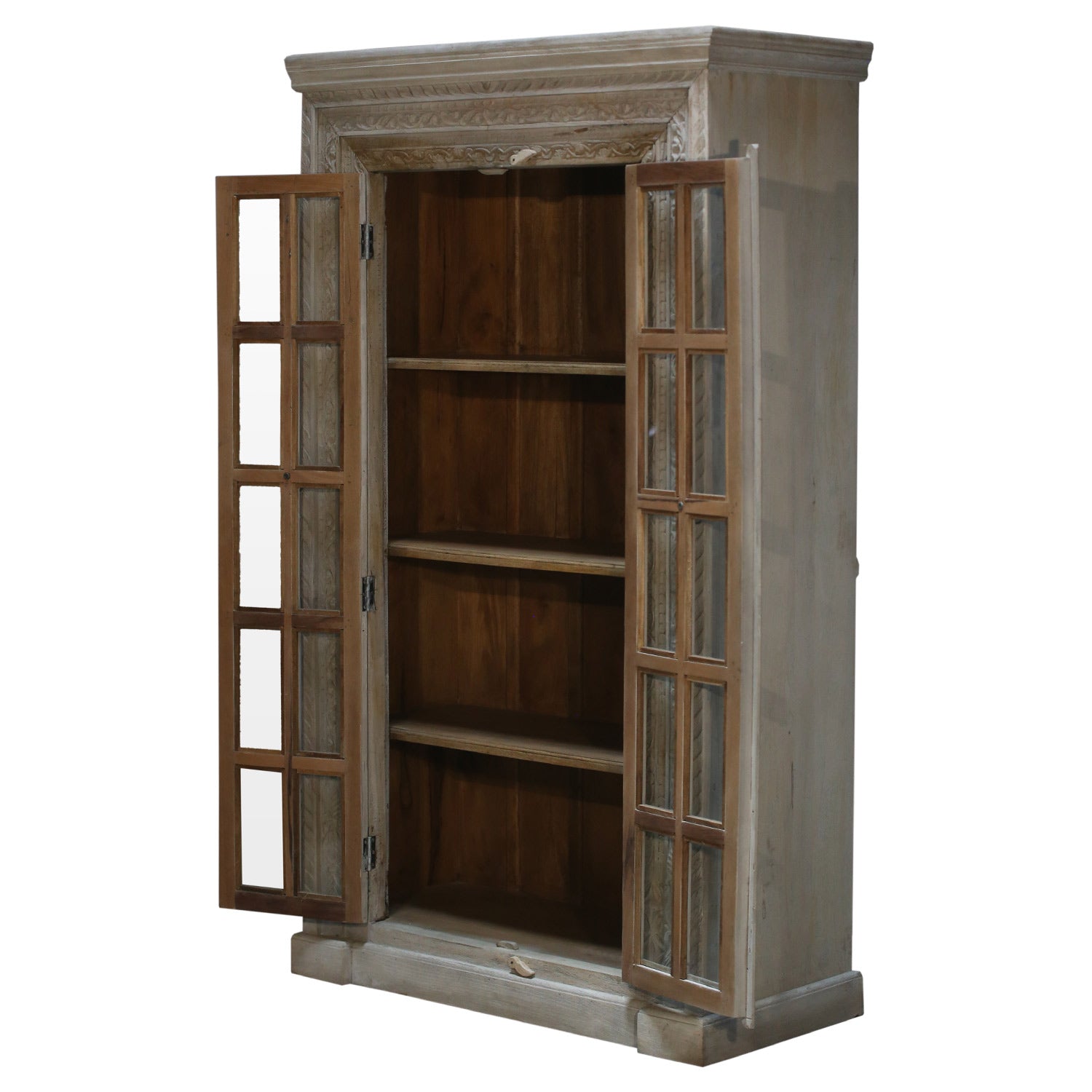 Eclectic Carved Frame Solid Wood Armoire With Glass Pane Doors