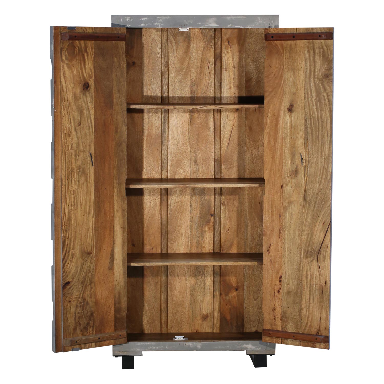 Mid Century Modern Carved Mango Wood Gray Distressed Armoire