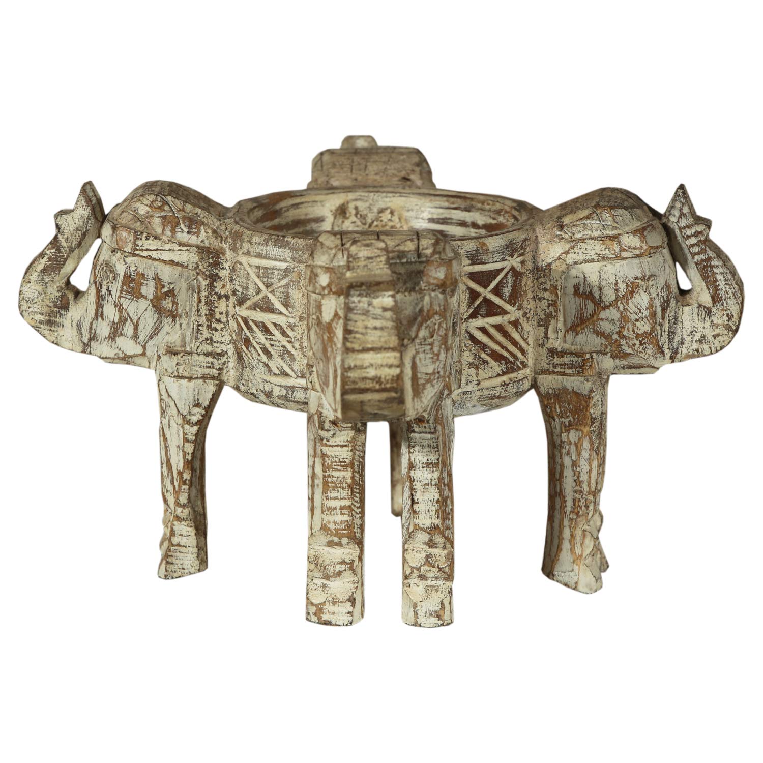 White Washed 4 Elephant Heads Candle Holder