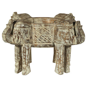 White Washed 4 Elephant Heads Candle Holder