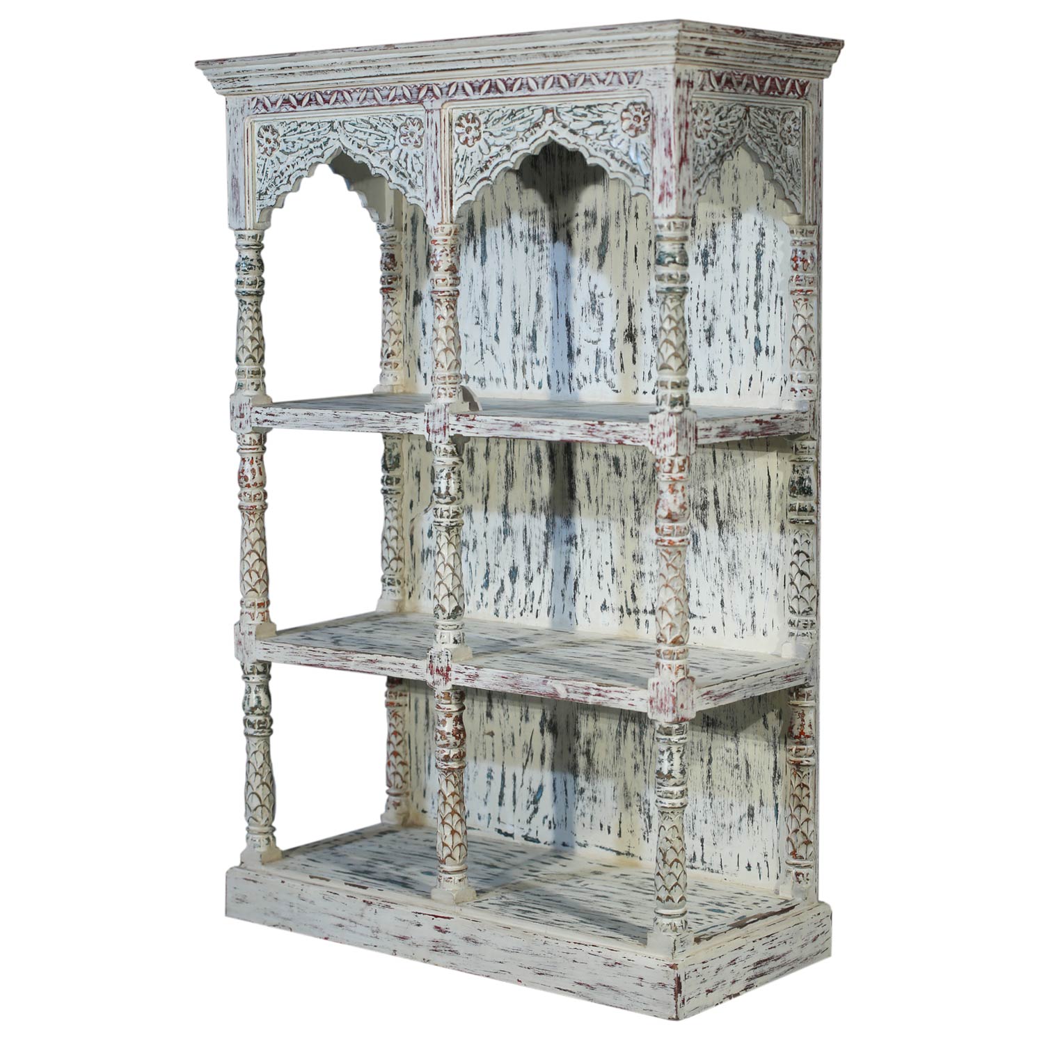 Farmhouse Style White Washed  3 Shelves Arched Solid Wood Display Unit