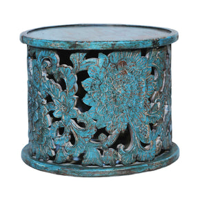 Farmhouse Style Hand Carved Lattice Distressed Blue Round Side Table