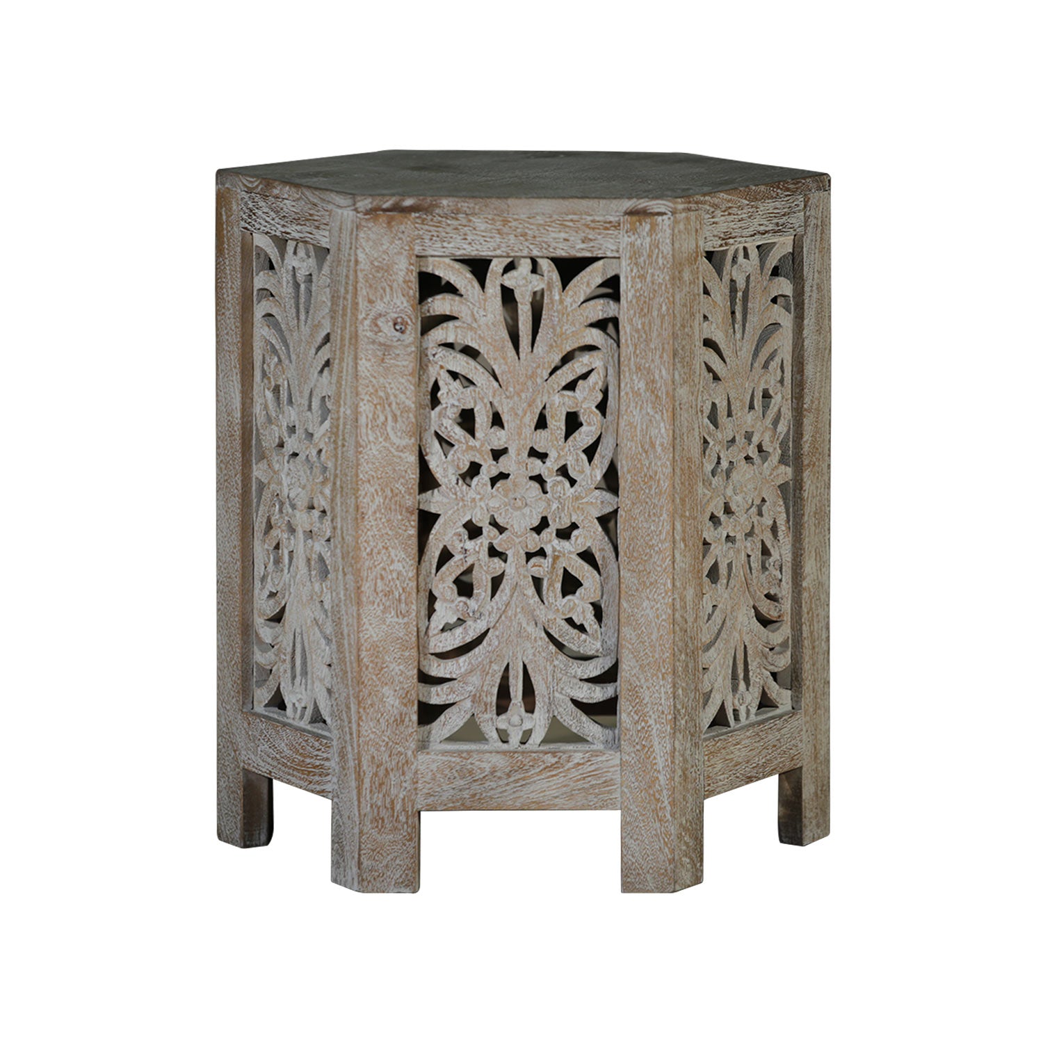Transitional Style Hand Carved Solid Wood Lattice Hexagon End Table