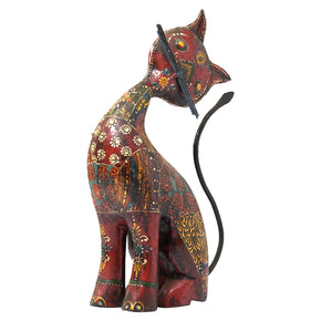 Whimsical Hand Painted Wood And Metal Cat Figurine - Red