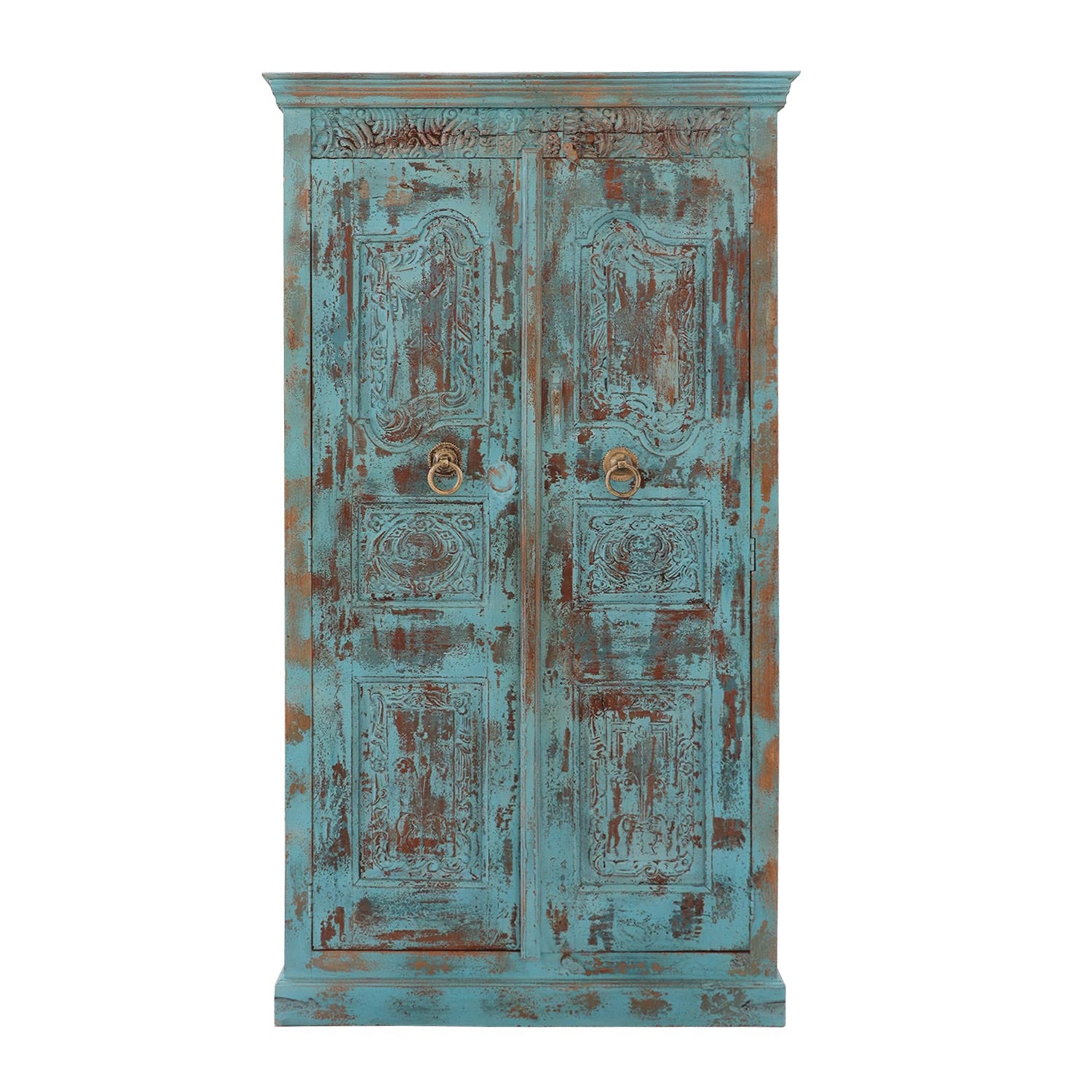 Blue Distressed Hand Carved Vintage Door Bedroom Armoire