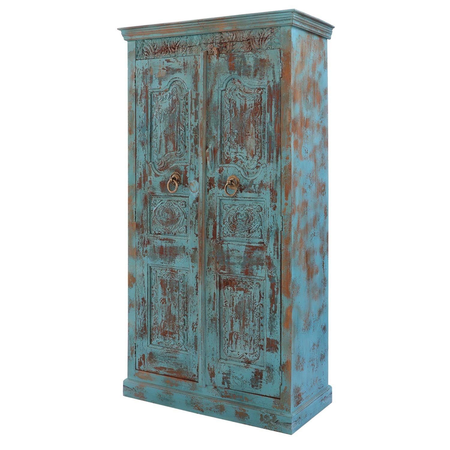 Blue Distressed Hand Carved Vintage Door Bedroom Armoire