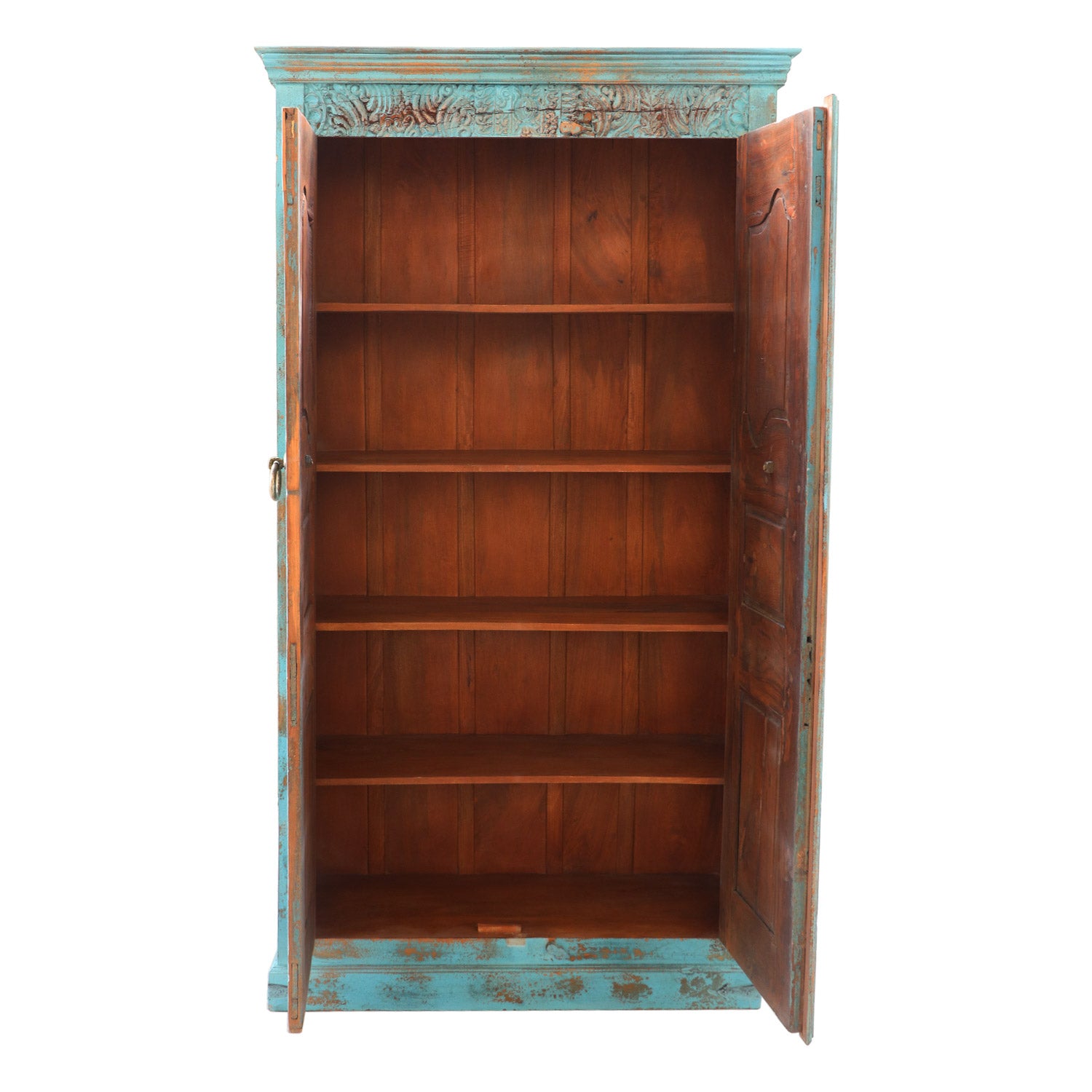 Blue Distressed Hand Carved Vintage Door Bedroom Armoire