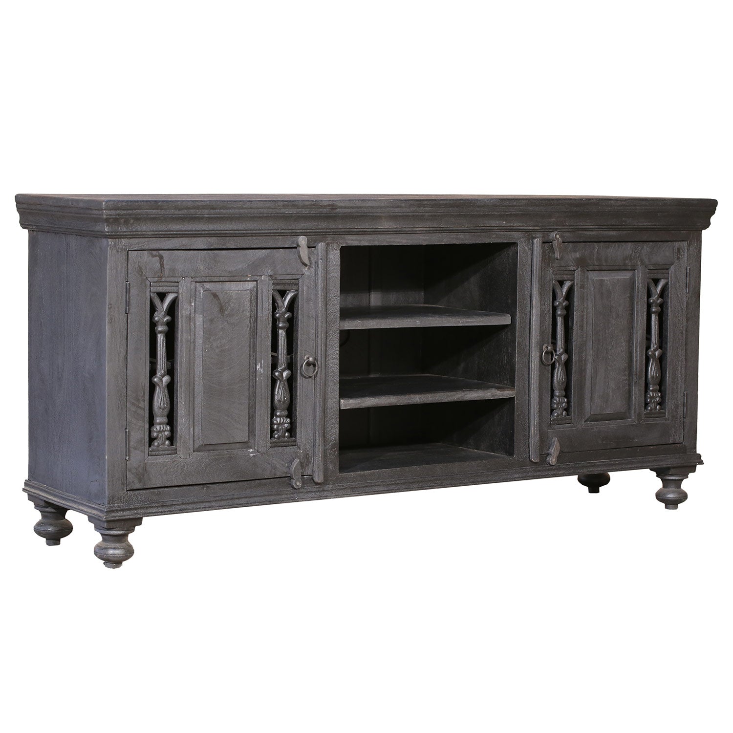 Distressed Ash Gray Finish Media Console With Grill Accents