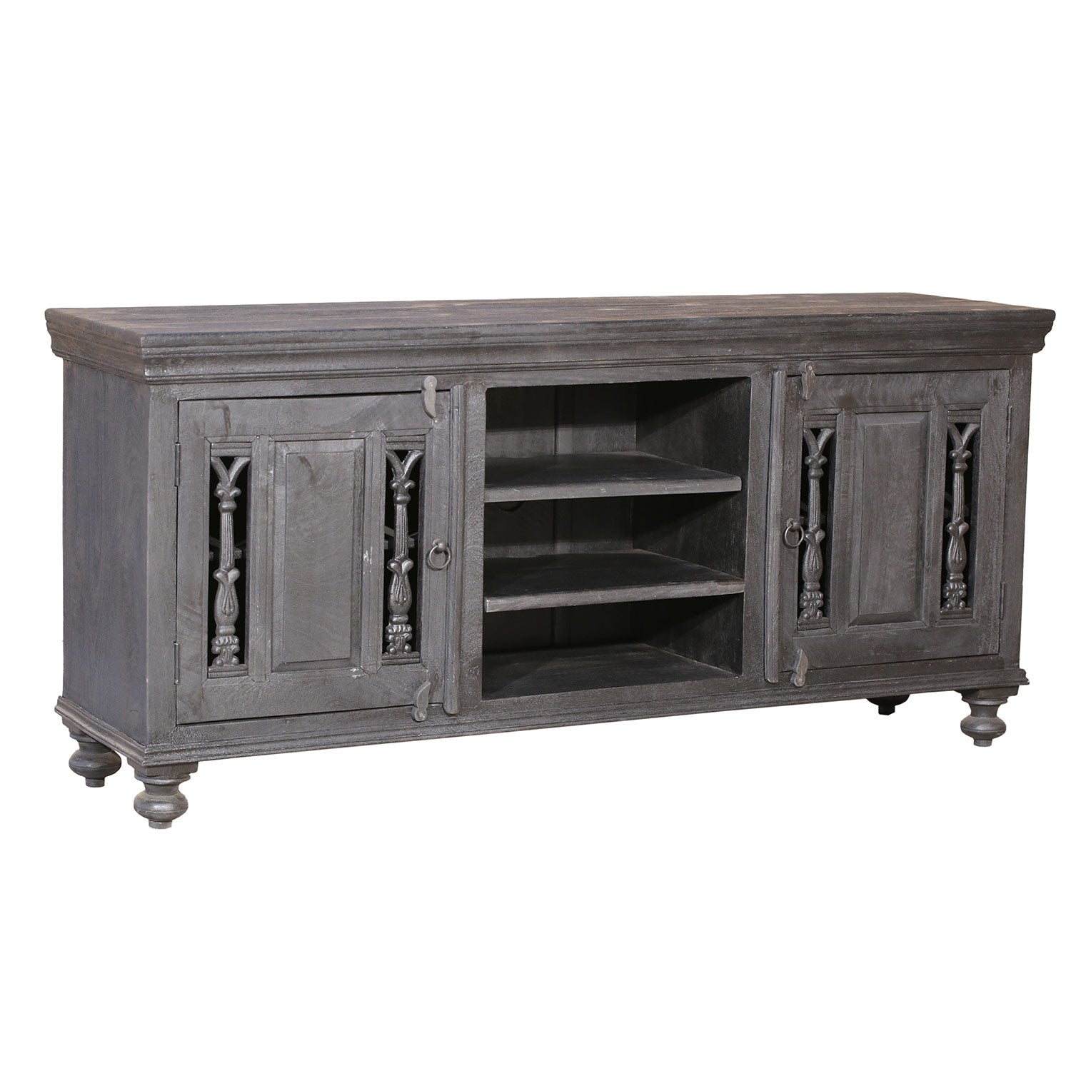 Distressed Ash Gray Finish Media Console With Grill Accents