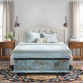Farmhouse Style Distressed Blue Hand Carved 54" Long Bed End Chest