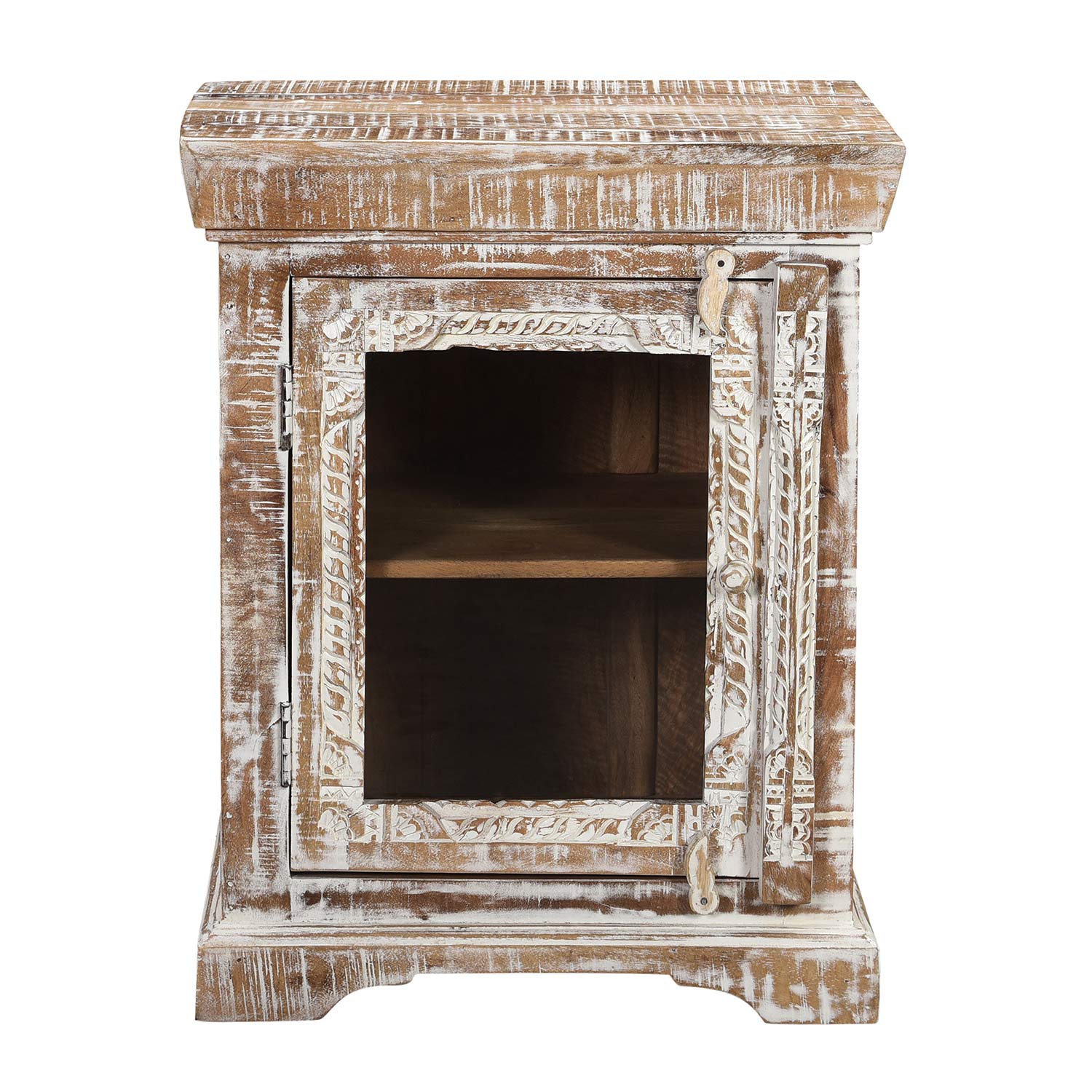Farmhouse Style Carved Distressed White Nightstand With Glass