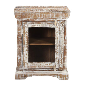 Farmhouse Style Carved Distressed White Nightstand With Glass
