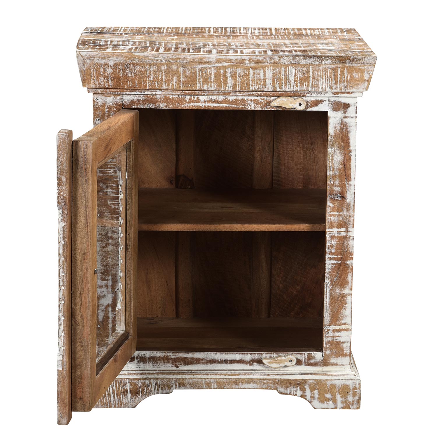 Farmhouse Style Carved Distressed White Nightstand With Glass