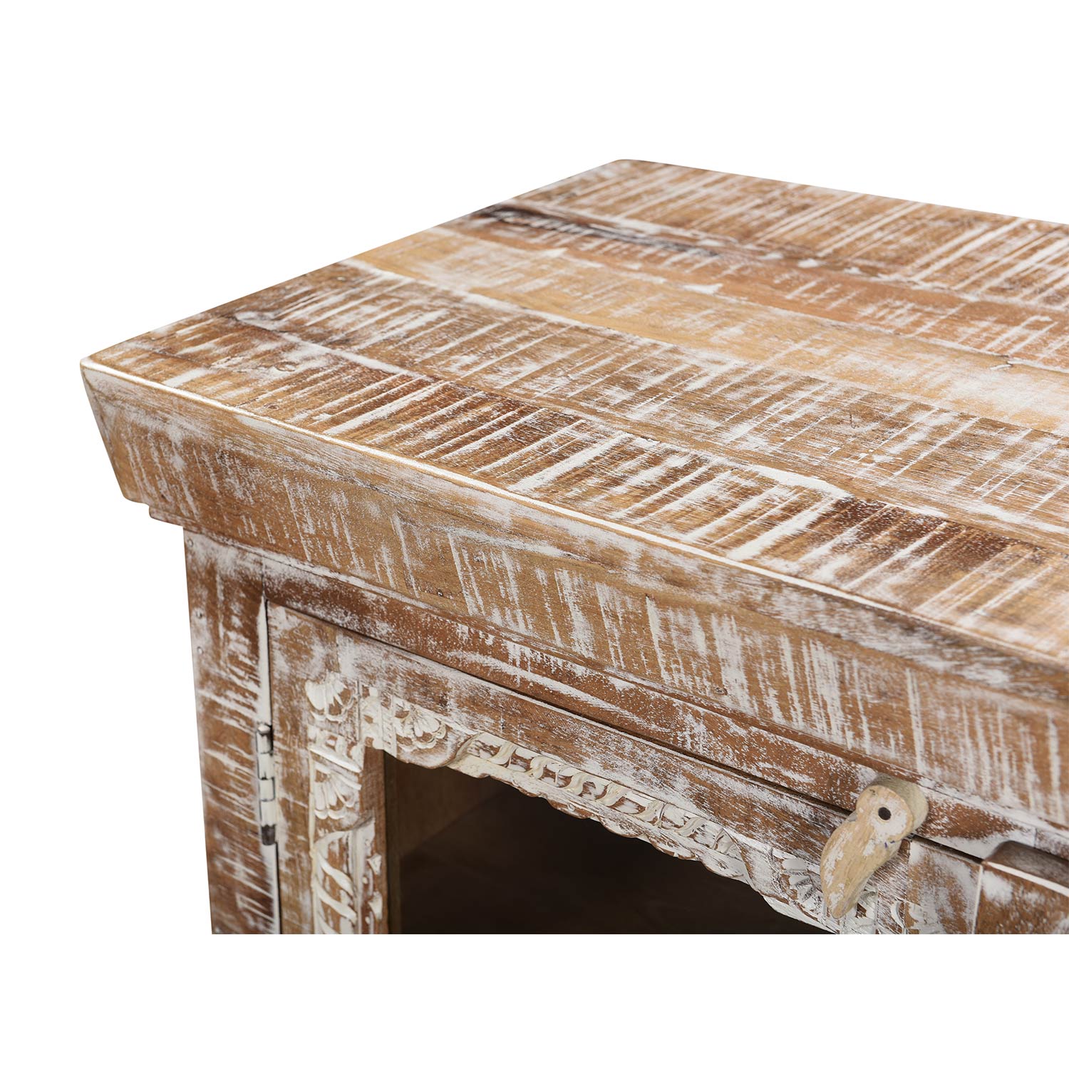 Farmhouse Style Carved Distressed White Nightstand With Glass