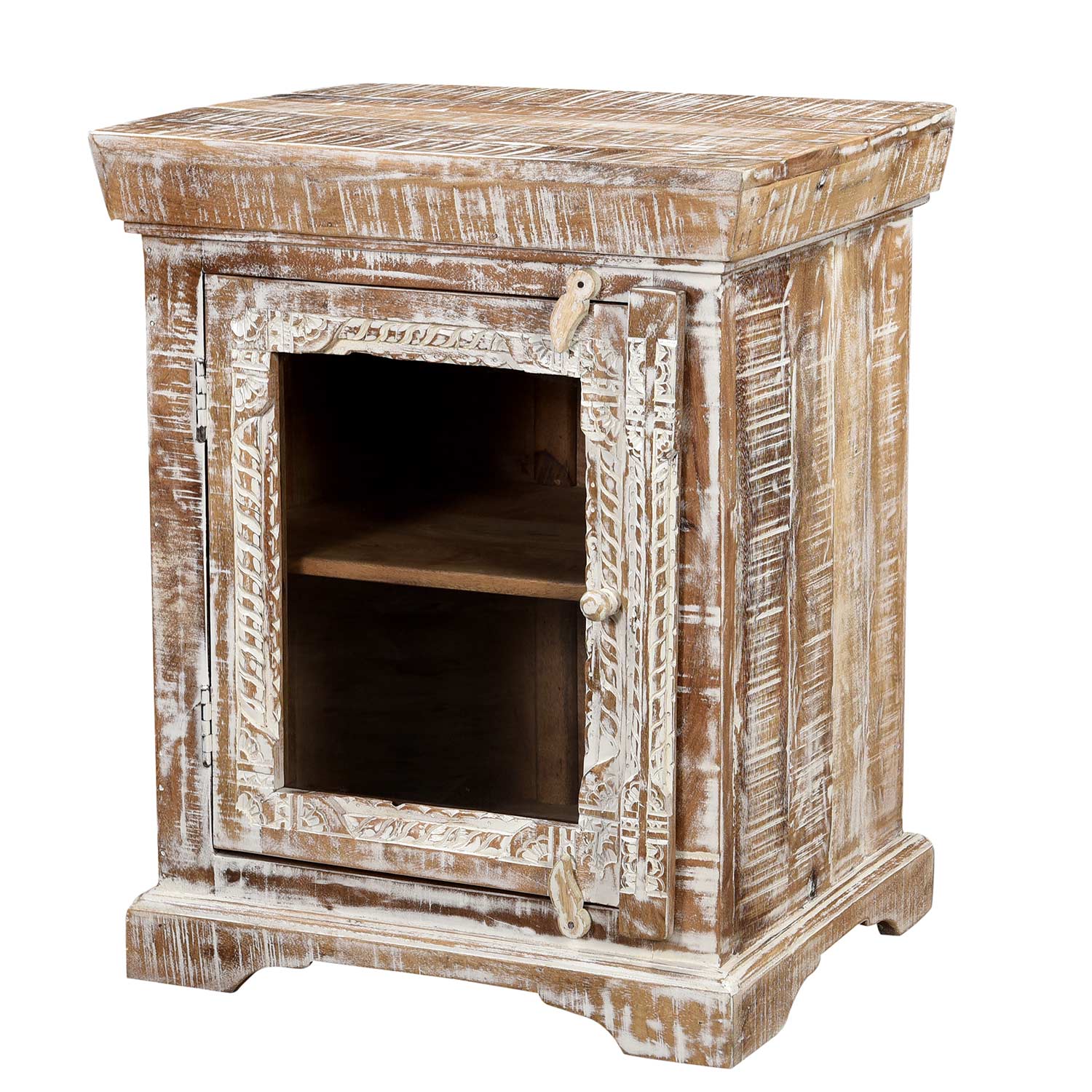 Farmhouse Style Carved Distressed White Nightstand With Glass