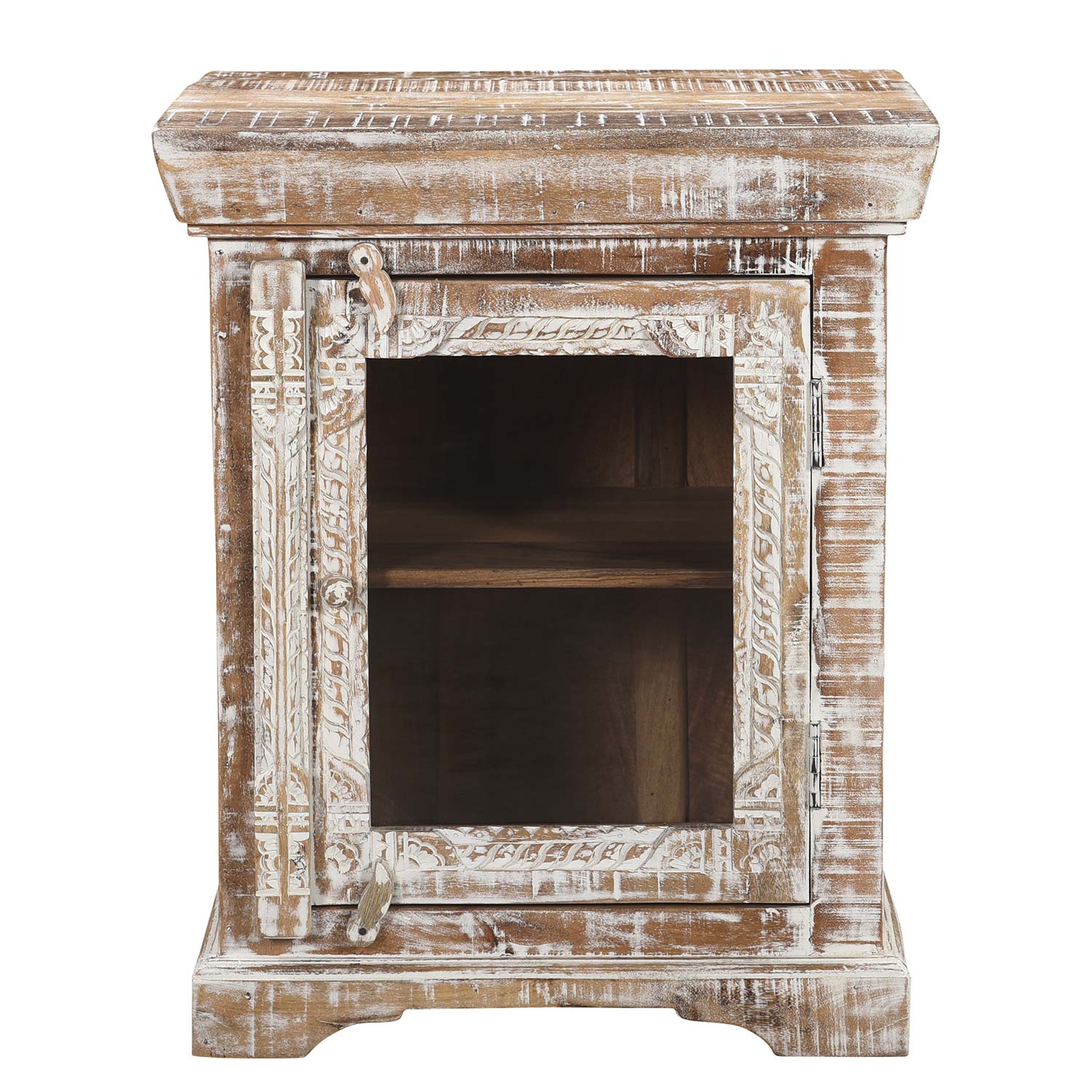 Farmhouse Style Carved Distressed White Nightstand With Glass