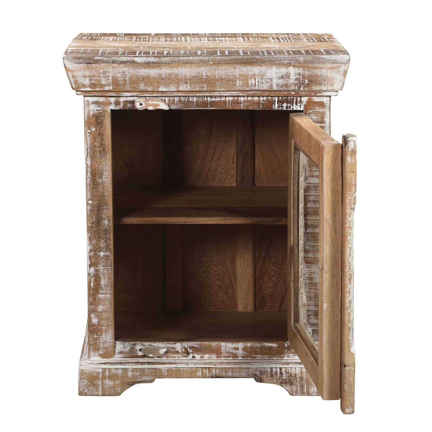 Farmhouse Style Carved Distressed White Nightstand With Glass