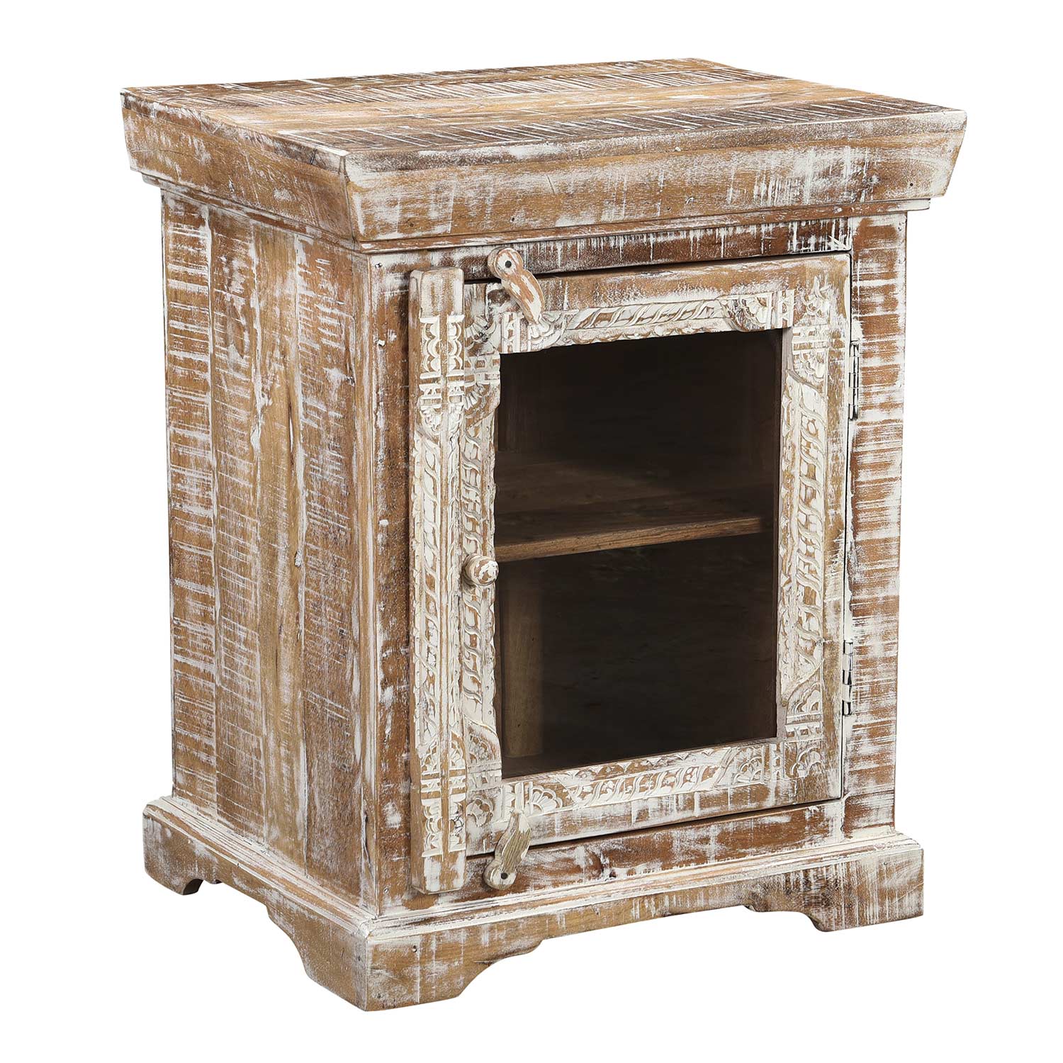 Farmhouse Style Carved Distressed White Nightstand With Glass
