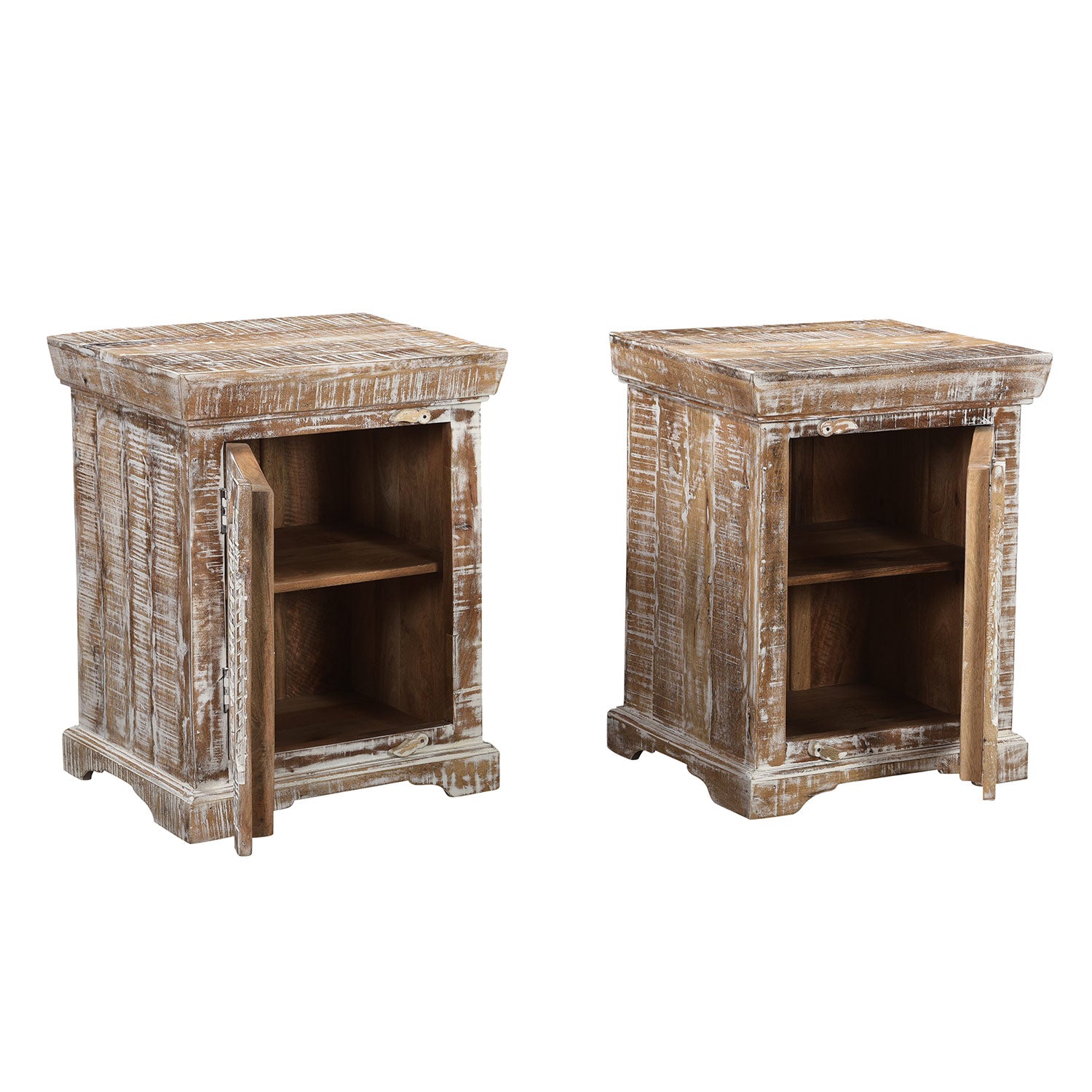 Farmhouse Style Carved Distressed White Nightstand With Glass