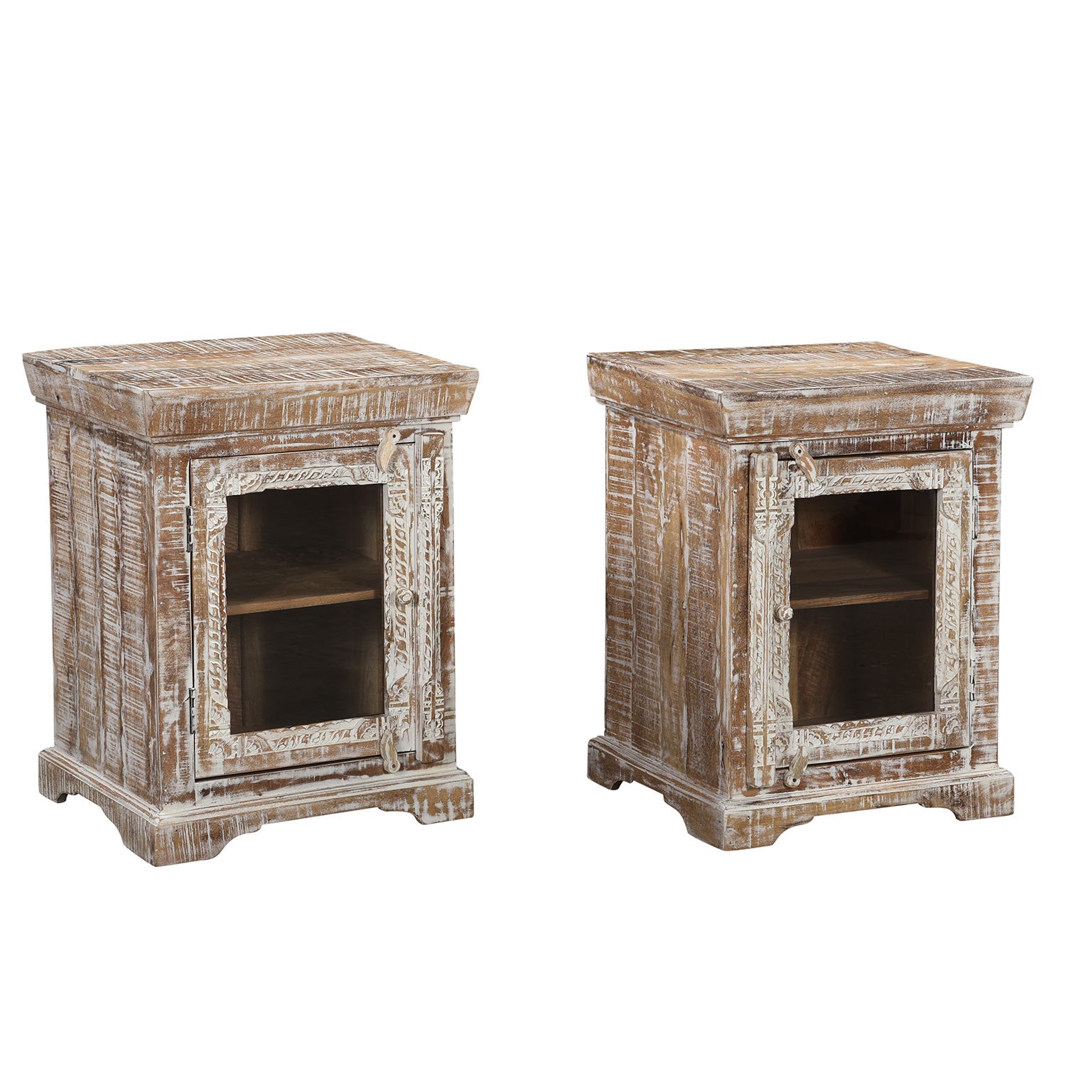 Farmhouse Style Carved Distressed White Nightstand With Glass