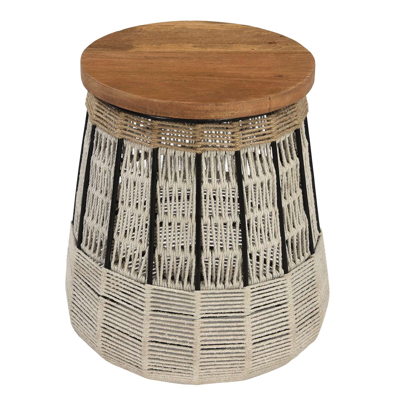 Farmhouse Style Woven Rope And Wood Round End Table