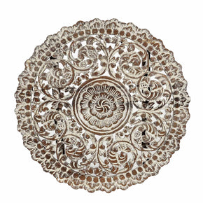 24" Round Lattice Carved Distressed White Solid Wood Wall Panel