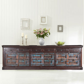 Rustic Distressed 133" Extra Long Antique Doors Sideboard With Drawers