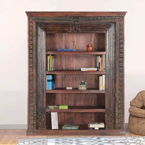 1800s Antique Teak Wood Doorframe Upcycled 68" Wide Large Bookcase Display