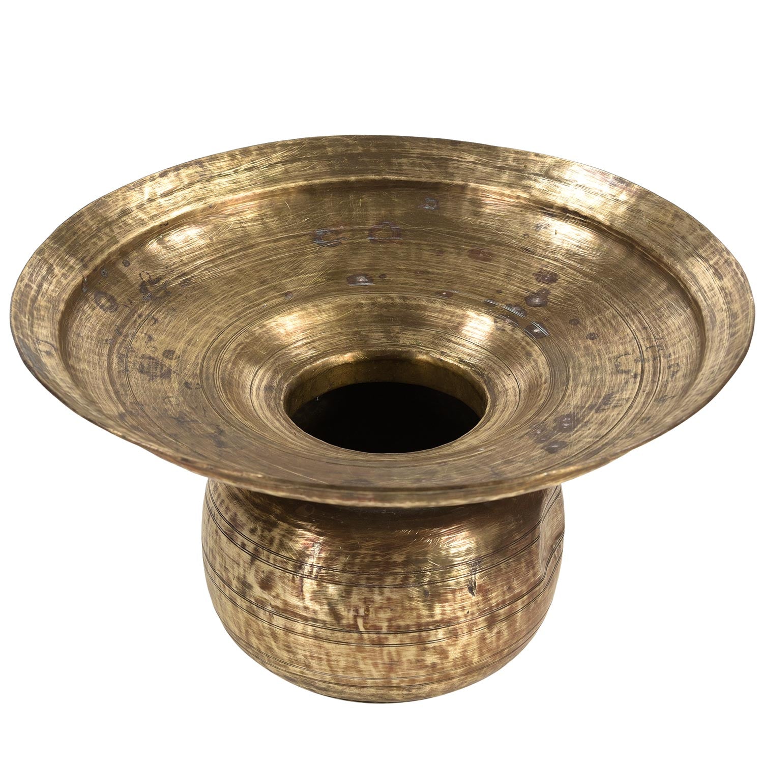 Unique 12in. Round Vintage Brass Pot With Flat Top