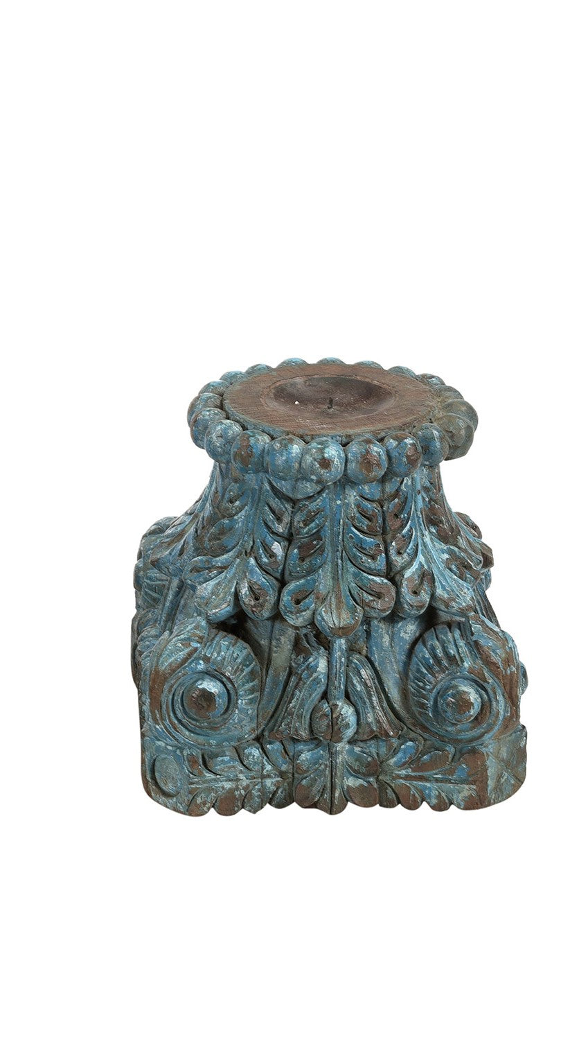 Antique Carved Wooden Column Base Distressed Candle Holder Riser
