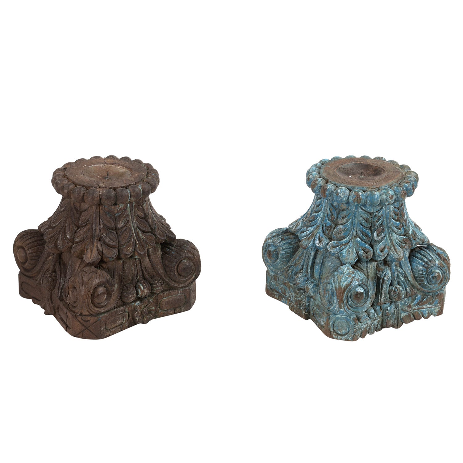 Antique Carved Wooden Column Base Distressed Candle Holder Riser