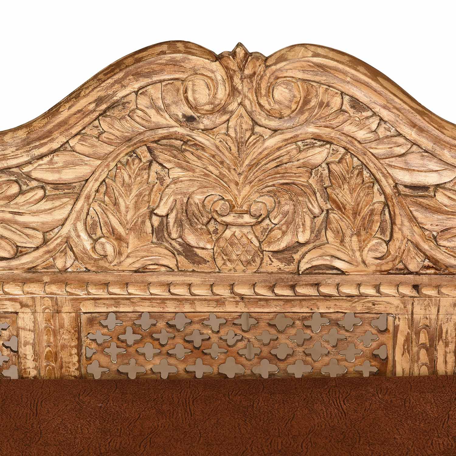 Ornate Hand Carved Wooden Indian Bench Sofa With Seat Cushion