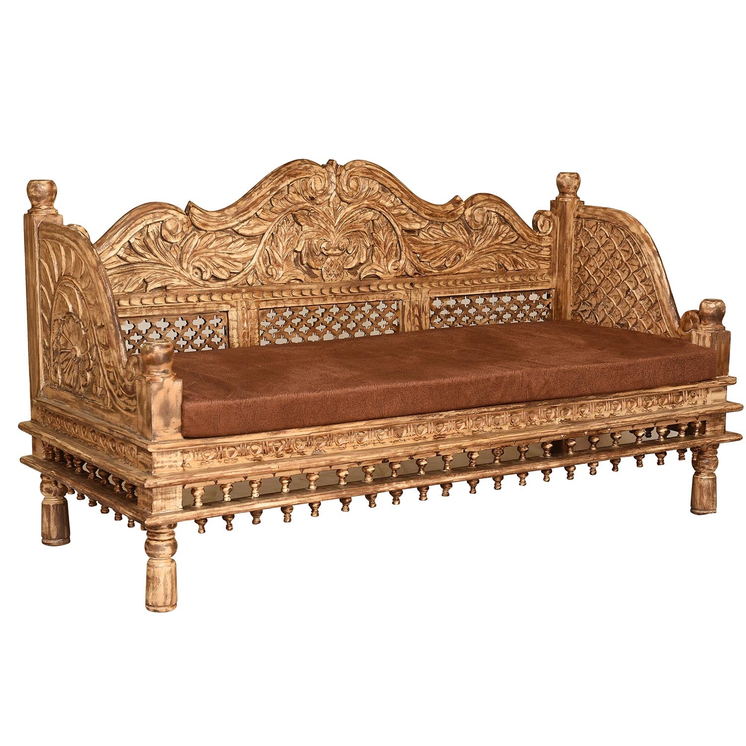 Ornate Hand Carved Wooden Indian Bench Sofa With Seat Cushion