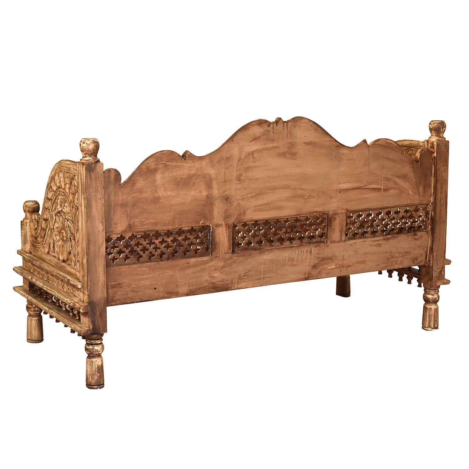 Ornate Hand Carved Wooden Indian Bench Sofa With Seat Cushion