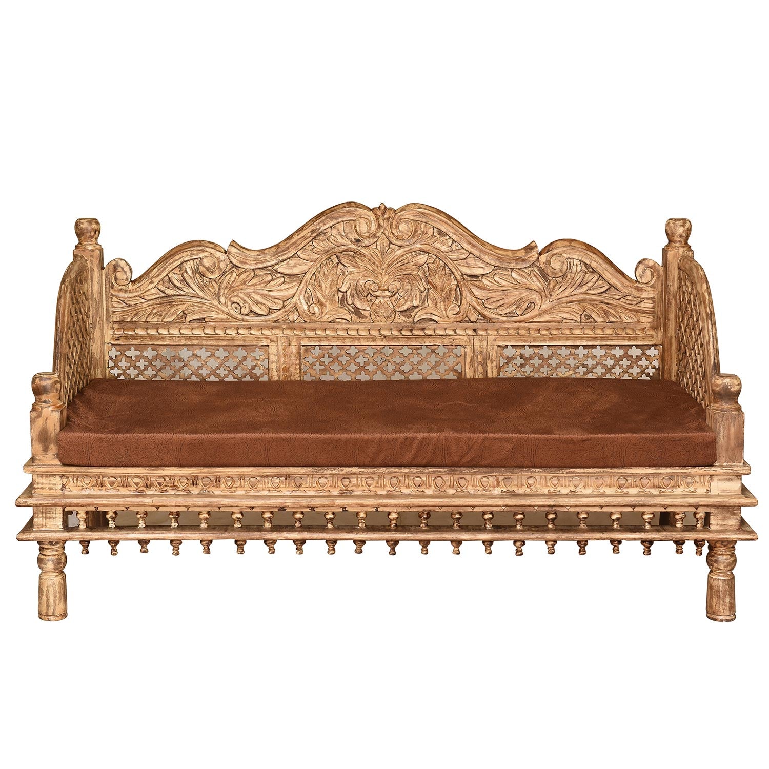 Ornate Hand Carved Wooden Indian Bench Sofa With Seat Cushion