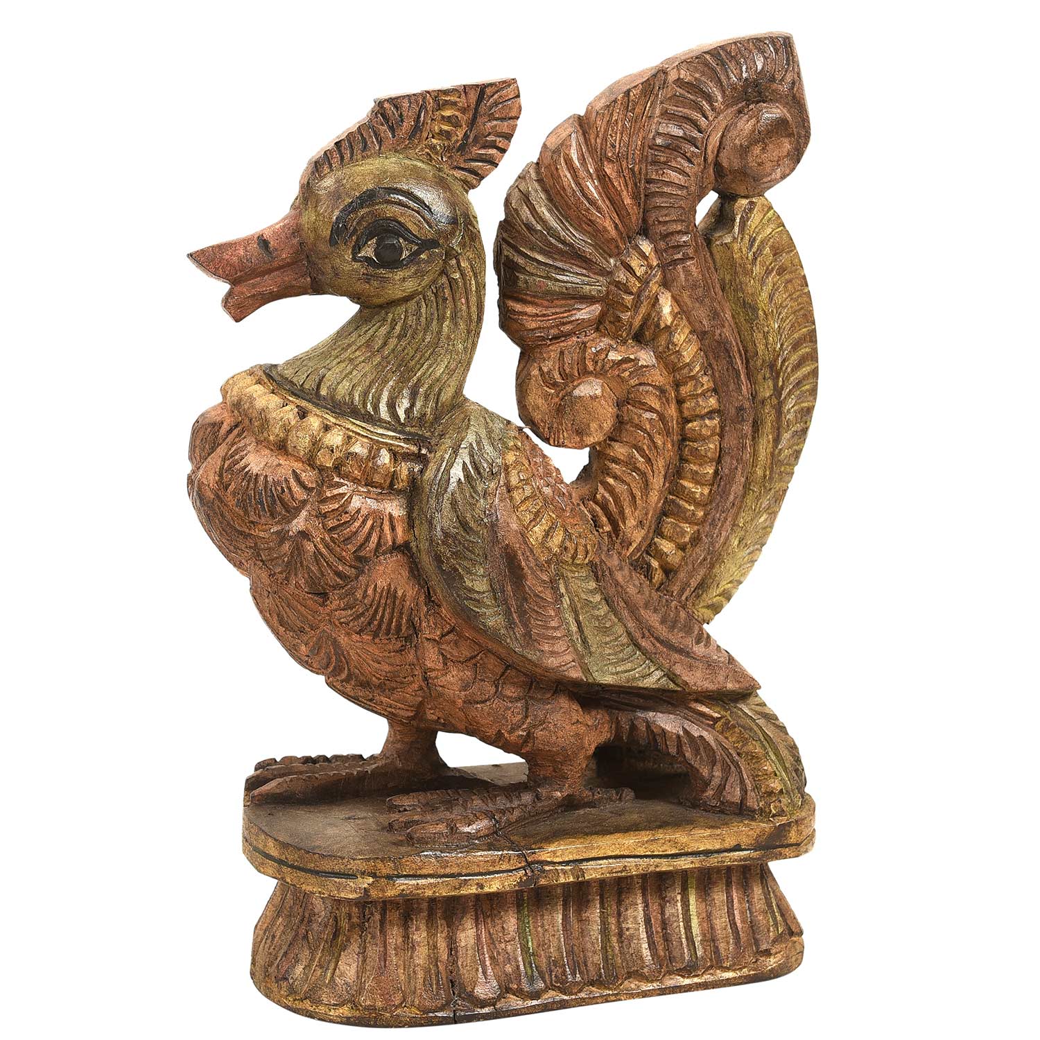 Vintage Carved Distressed Wooden Peacock Sculpture