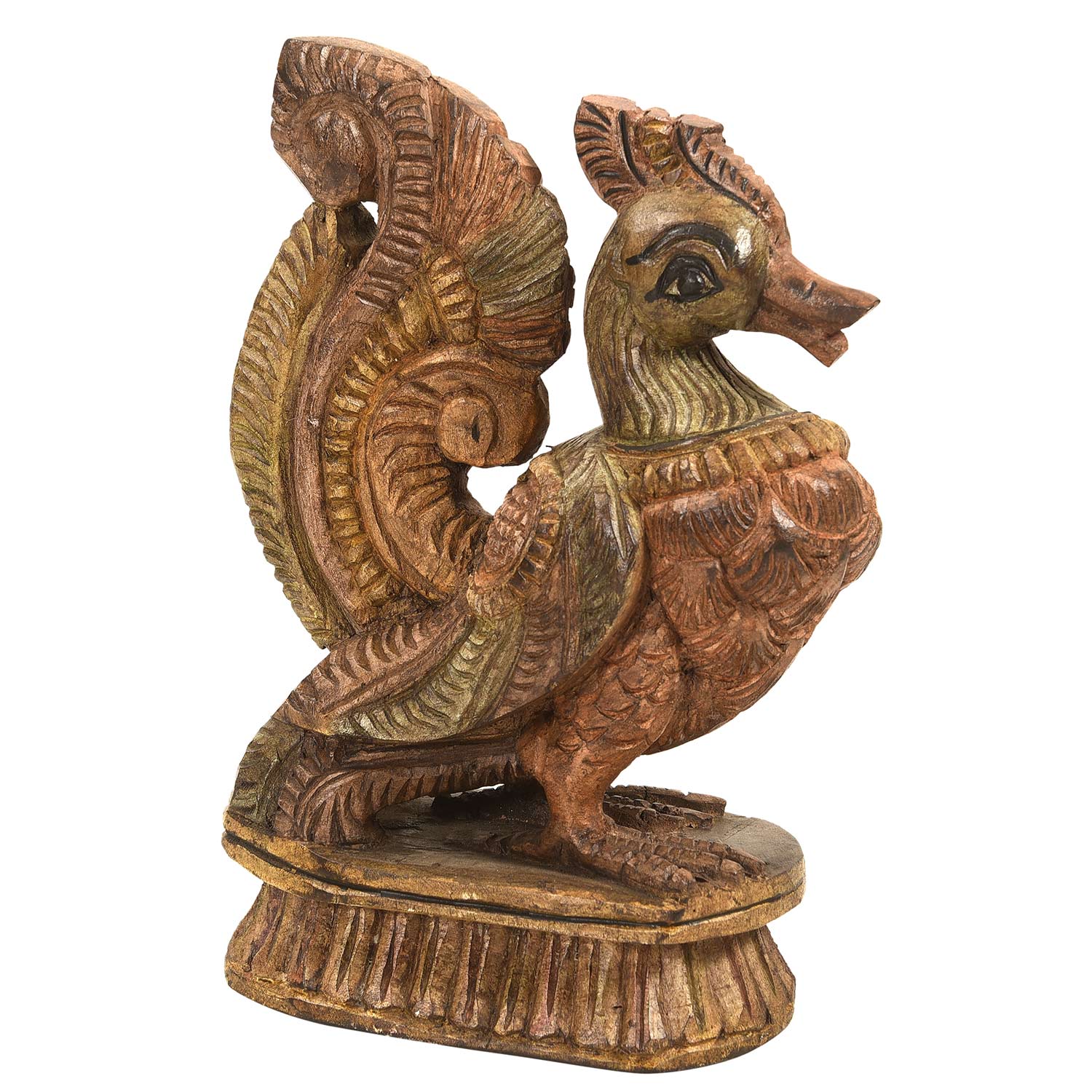 Vintage Carved Distressed Wooden Peacock Sculpture