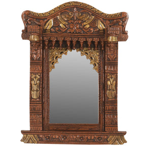 Ornate Carved Jharokha 32" Tall Mirror With Copper Hand Paintings