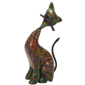 Unusual Painted Wood And Metal 13" Tall Cat Statue