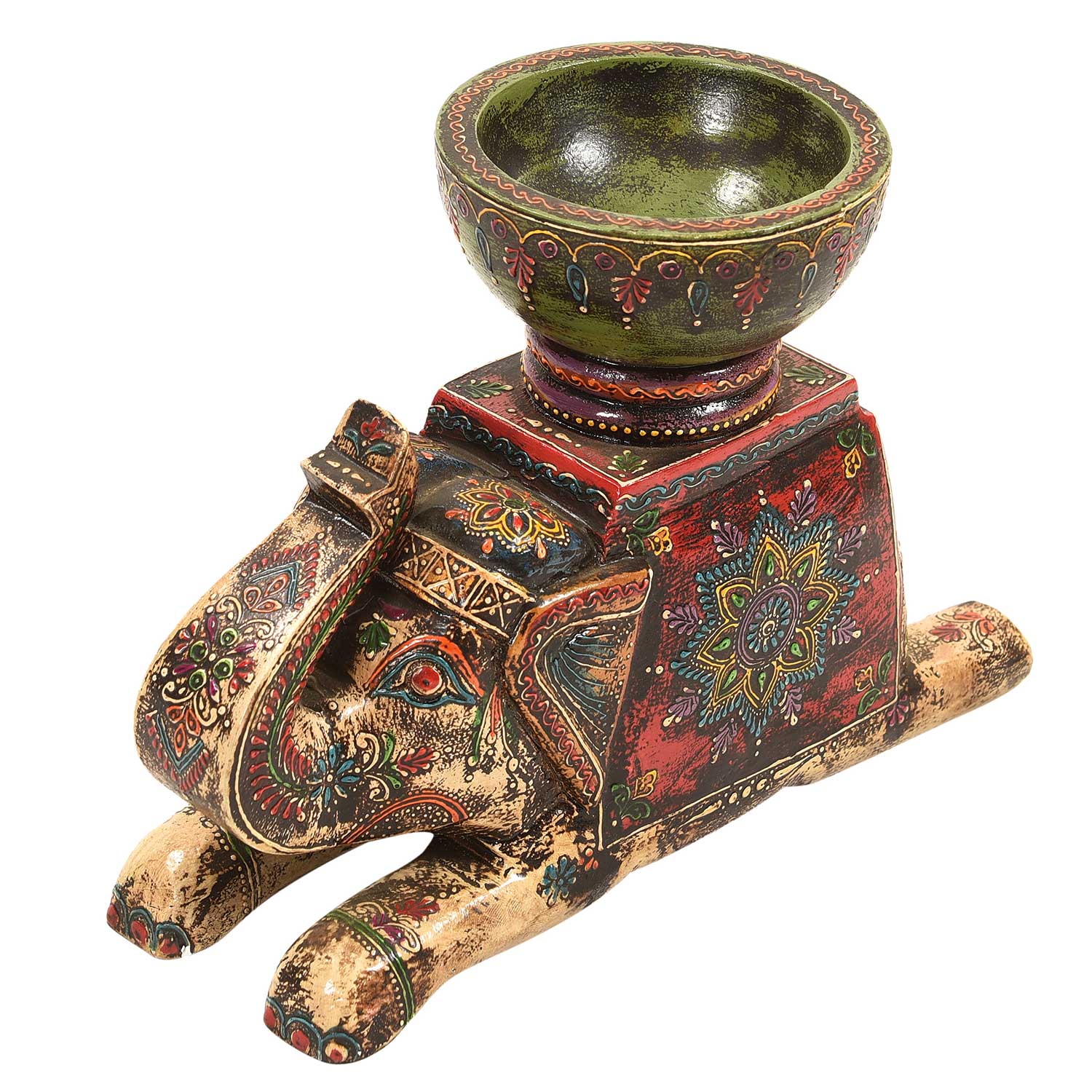 Unusual Wooden Royal Painted Elephant Candle Holder